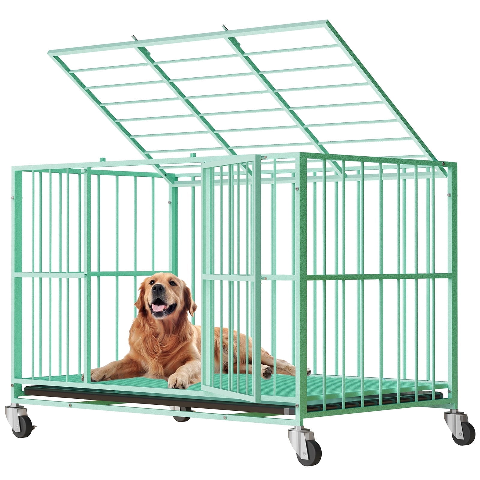TIME RAY 48 Inch Heavy Duty Indestructible High Anxiety Dog Crate Cage for Large Dog with Steel Escape Proof, Double Doors,Lockable Wheels and Removable Tray,Green