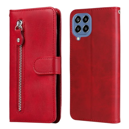 Case for Samsung Galaxy M33 5G Zipper Pocket Wallet Leather Case Magnetic Closure Flip Cover - Red
