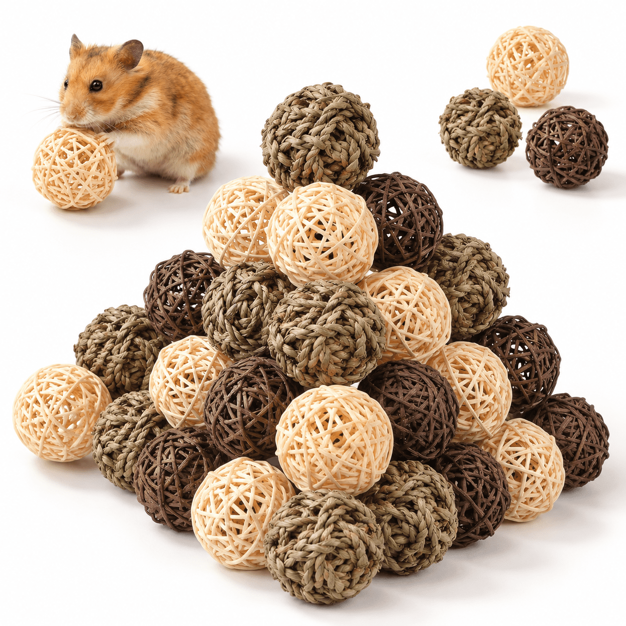 30-Pack Rattan Seagrass Small Animal Play Balls For Guinea Pigs Rabbits Hamsters