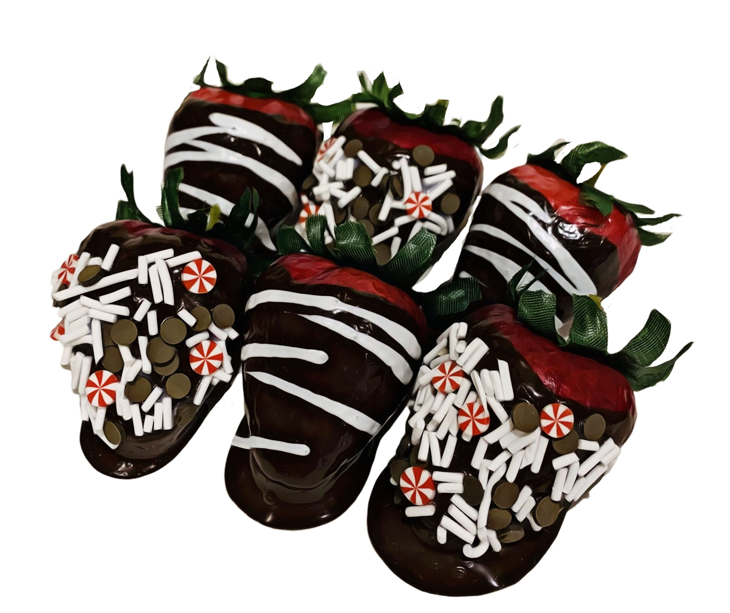 JUMBO Set of 6 Prop Decoration Fake Dipped Strawberries PEPPERMINT BARK 