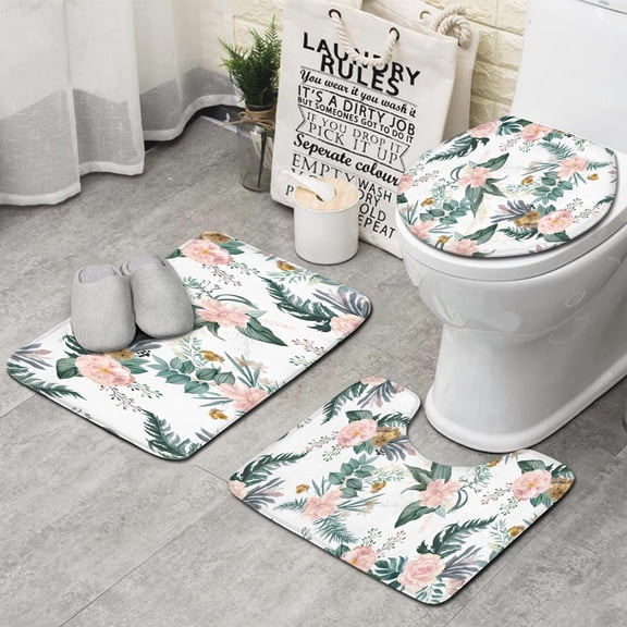 Pioneer Flower Floral Print Pattern Bathroom Rugs Sets 3 Piece,Toilet Cover Set,Absorbent Non Slip Bathroom Mats Sets with U-Shaped Contour Rug Toilet Rug Set