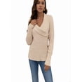thumbnail image 5 of Women's Ruched V-Neck Wrap Sweater, Criss Cross Long Sleeve Knit Pullover Top with Button for Fall Beige L, 5 of 5