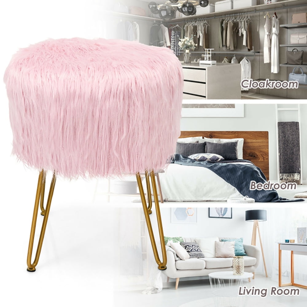 Finihen Faux Fur Vanity Stool Chair, Footstool Ottoman, Fluffy Chair with with Metal Legs, Makeup Stool, Decorative Furniture Footrest, for Living Room, Bedroom, Pink