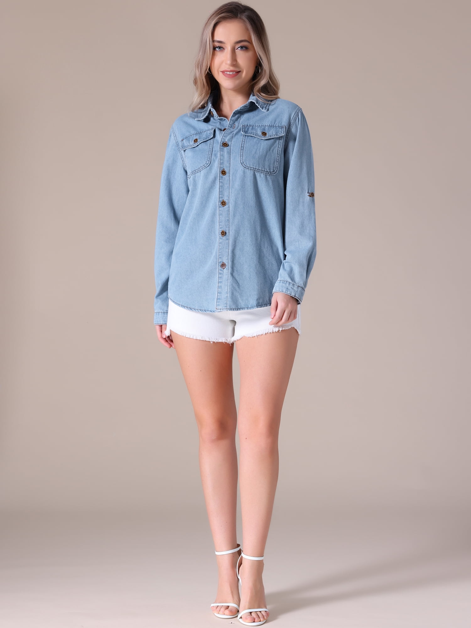 Unique Bargains Women's Denim Shirt Long Sleeve Jean Jackets Casual XL Light Blue