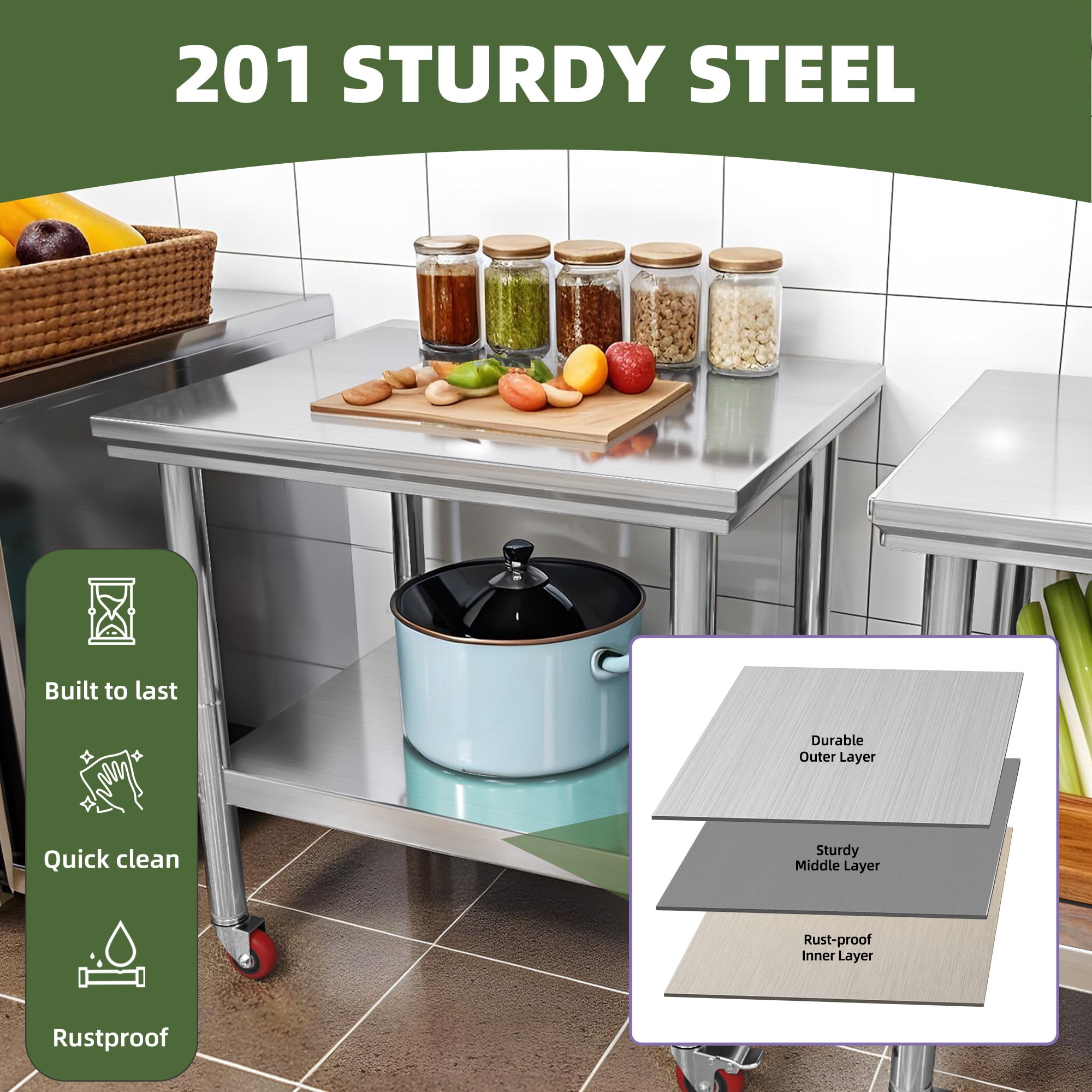 Uforic 30" x 24" Stainless Steel Workbench Table with Wheels for Home, Kitchen, Restaurant, and Outdoor Use