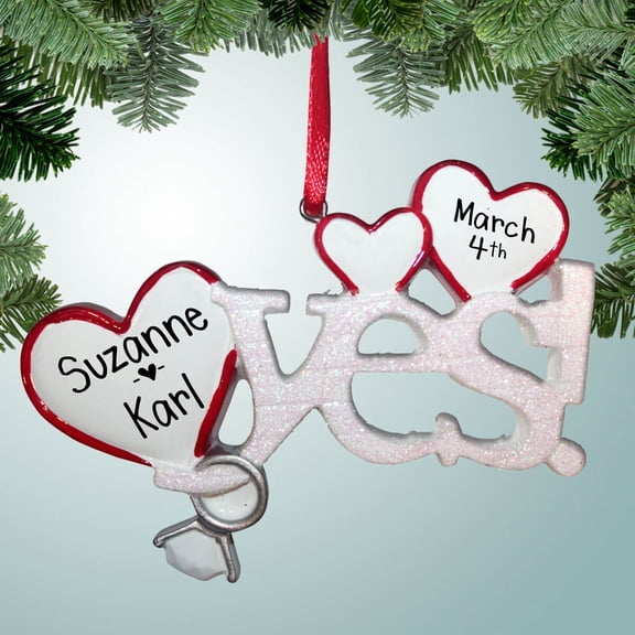 She Said YES with White & Red Hearts - Personalized Ornament - Just Married - First Christmas - 1st Xmas - Perfect Stocking Stuffer - Great Gift Ideas