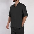 thumbnail image 2 of Men's Linen Shirt Short Sleeve Grandad Collar Collarless Henley Shirts Men Solid Color Casual Summer Beach Holiday Button Down Tops Black XL, 2 of 5