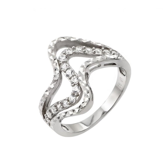 Rhodium Plated Sterling Silver 925 Clear CZ Inlay Wave Ring Band White Jewelry Female Size 6