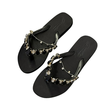 

Rewenti Women s Summer Sandals Rhine-drill Chain Flip-flops Beach Resort Wedge-heeled Pinch Shoes Black 7(39)