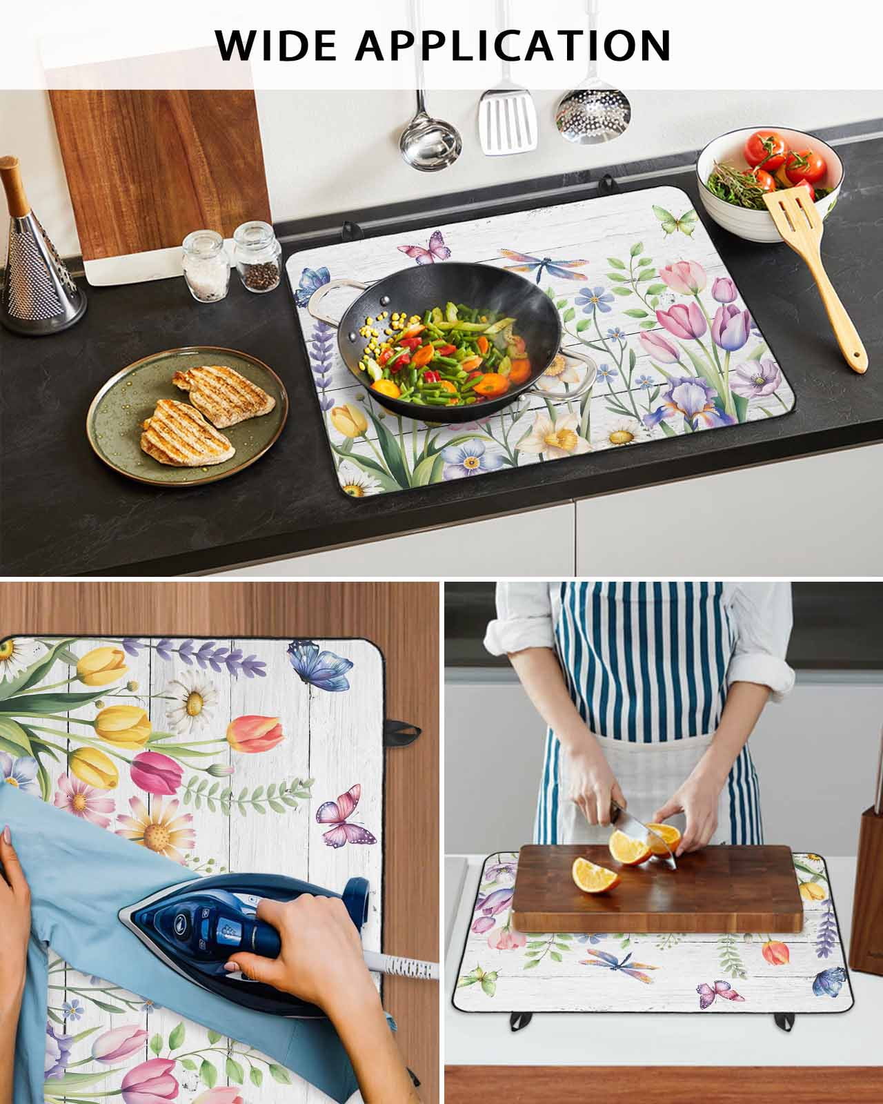 Large Induction Cooktop Protector Mat Wildflowers Stove Top Covers for Electric Stove, Spring Farmhouse Tulip Floral Leaf Wooden Grain Decorative Stove Burner Cover Mats, Glass Top Stove Cover