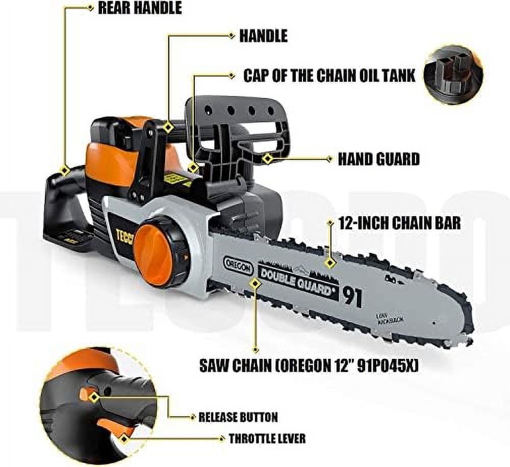 TECCPO Cordless Chainsaw, 40V 12-Inch Electric Chainsaw, High Performance Motor, 2.5Ah Samsung Battery and Charger Included, 26.24ft/s Chain Speed, Oregon Chain, for Cutting Trees and Wood-TDCS01A