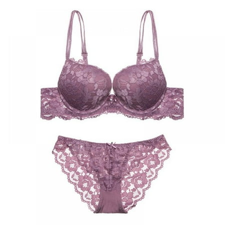 

Pretty Comy Embroidery Flowers Bra Set Sexy Lace Deep V-neck Thickening Women s Push Up Underwear