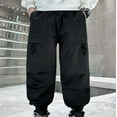 thumbnail image 4 of ZHOGXU Big Boys Cargo Pants With Pockets Elastic Waist Solid Color Wide Leg Loose Fit Comfortable Trousers For Outdoor Activities Black 6-7 Years, 4 of 5
