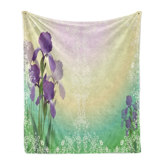 Botanical Soft Flannel Fleece Blanket, Blossoming Iris in Floral Frame on Dreamy Colors Bridal Composition Wedding Theme, Cozy Plush for Indoor and Outdoor Use, 70" x 90", Multicolor, by Ambesonne