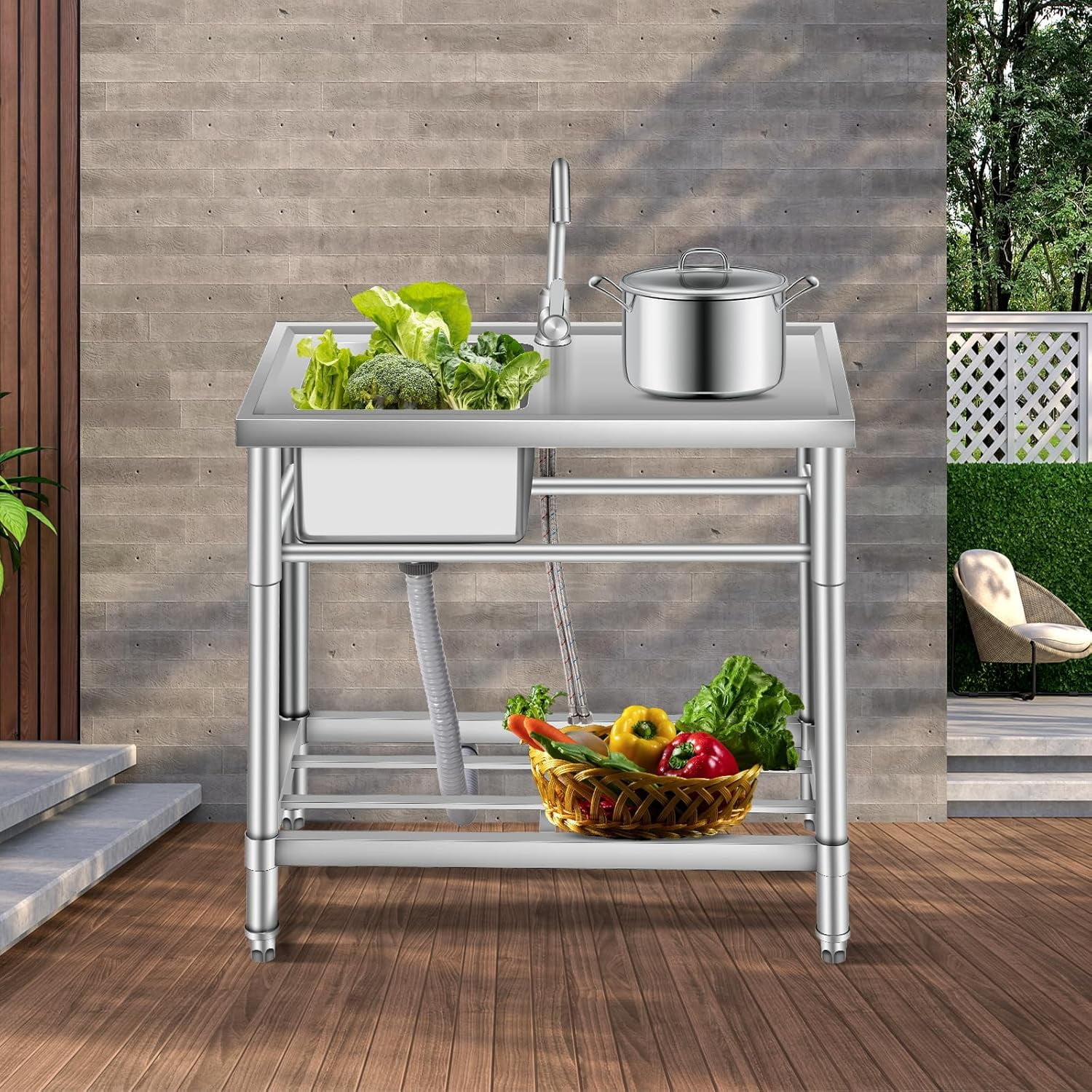 COZONY 30" Stainless Steel Utility Sink, Freestanding Kitchen Workstation with Faucet & Storage Rack & Hot/Cold Water Lines
