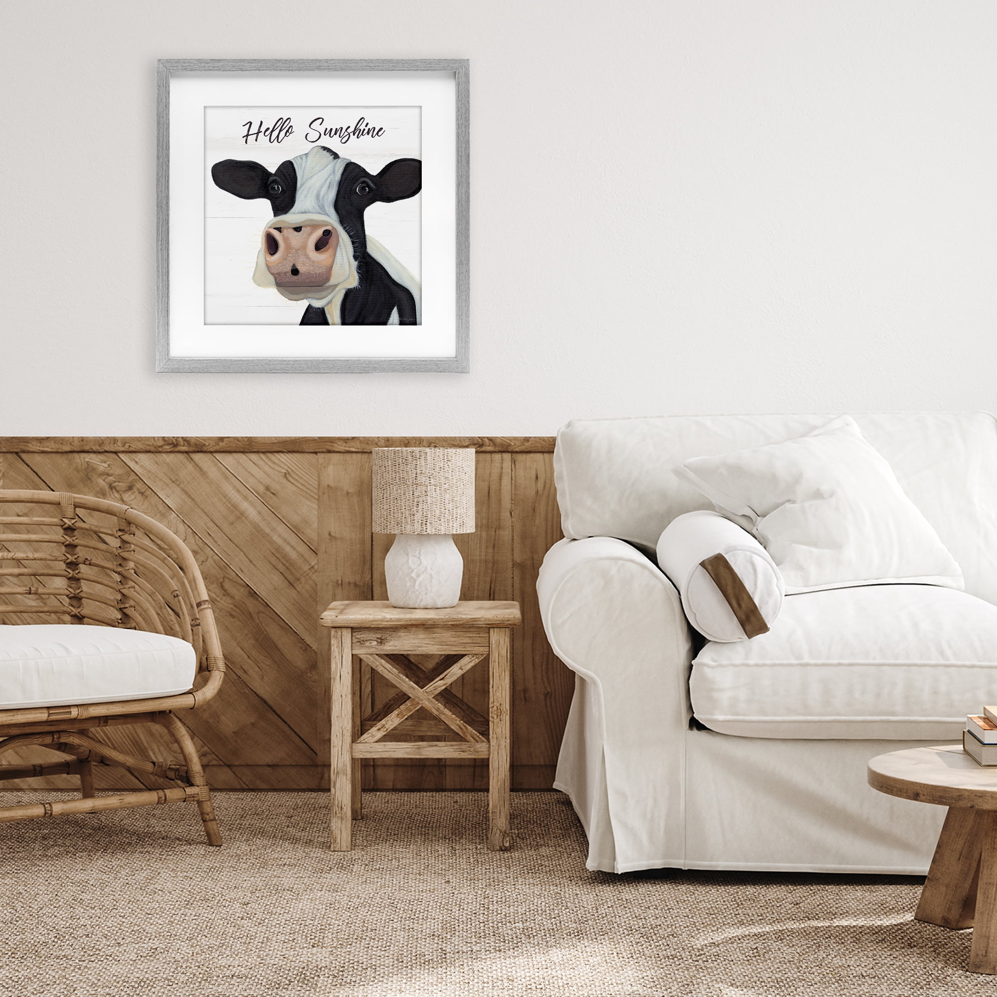 Stupell Industries Hello Sunshine Country Cow Gray Framed Print Under Glass, design by Ashley Justice
