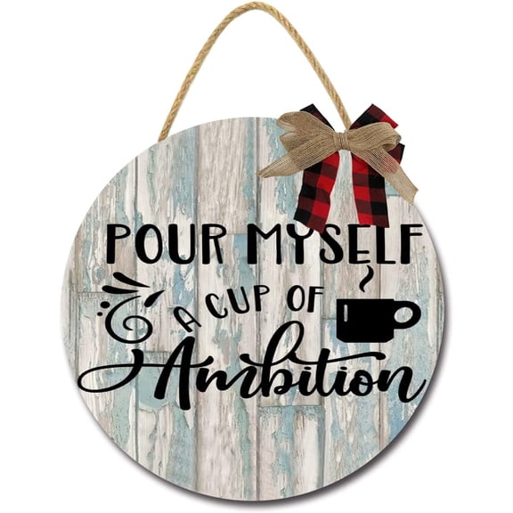 Eveokoki 12" Rustic Wooden Pour Myself A Cup Of Ambition Signs for Front Porch, Porch Decor Sign, Rustic Wooden Door Hangers Front Door Outdoor Hanging Vertical Sign