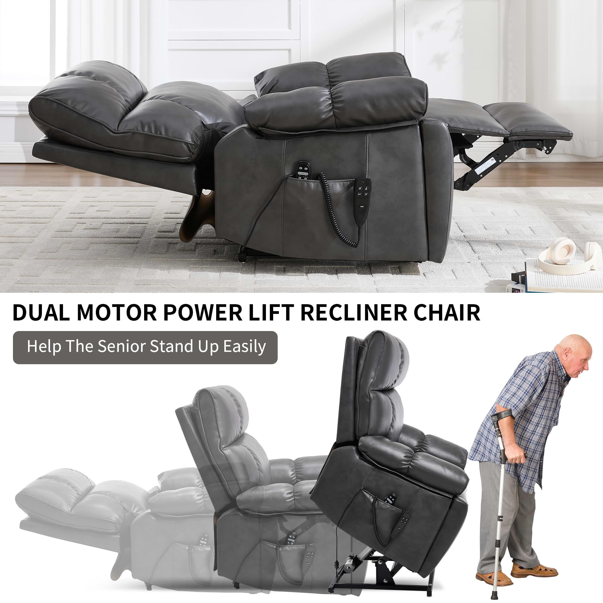 MAYEERTY Dark Gray Dual Motor Power Lift Recliner, 350lbs Infinite Position Massage Heat Hidden Cup Holders for Elderly 41"x37"x42"