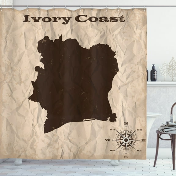 Ivory Coast Shower Curtain, Grunge Style Old Map with Crumpled Paper Look Country Silhouette, Fabric Bathroom Set with Hooks, 69W X 70L Inches, Dark Brown Pale Mustard, by Ambesonne