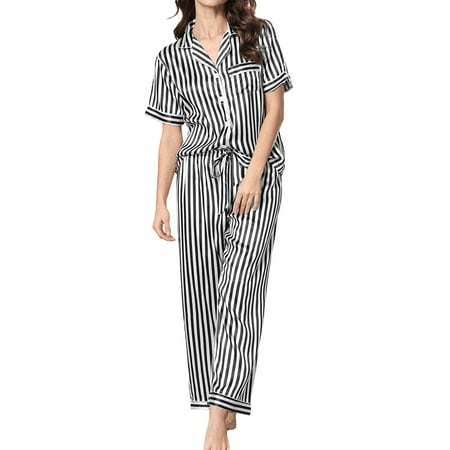 

Thaisu Women Summer 2Pcs Pajama Set Striped Short Sleeve Button Closure Shirt with Pants Sleepwear Loungewear