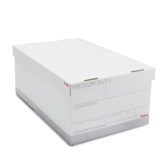 Staples Medium Duty File Box Lift Off Lid Legal White/Gray 4/Carton (TR59216)