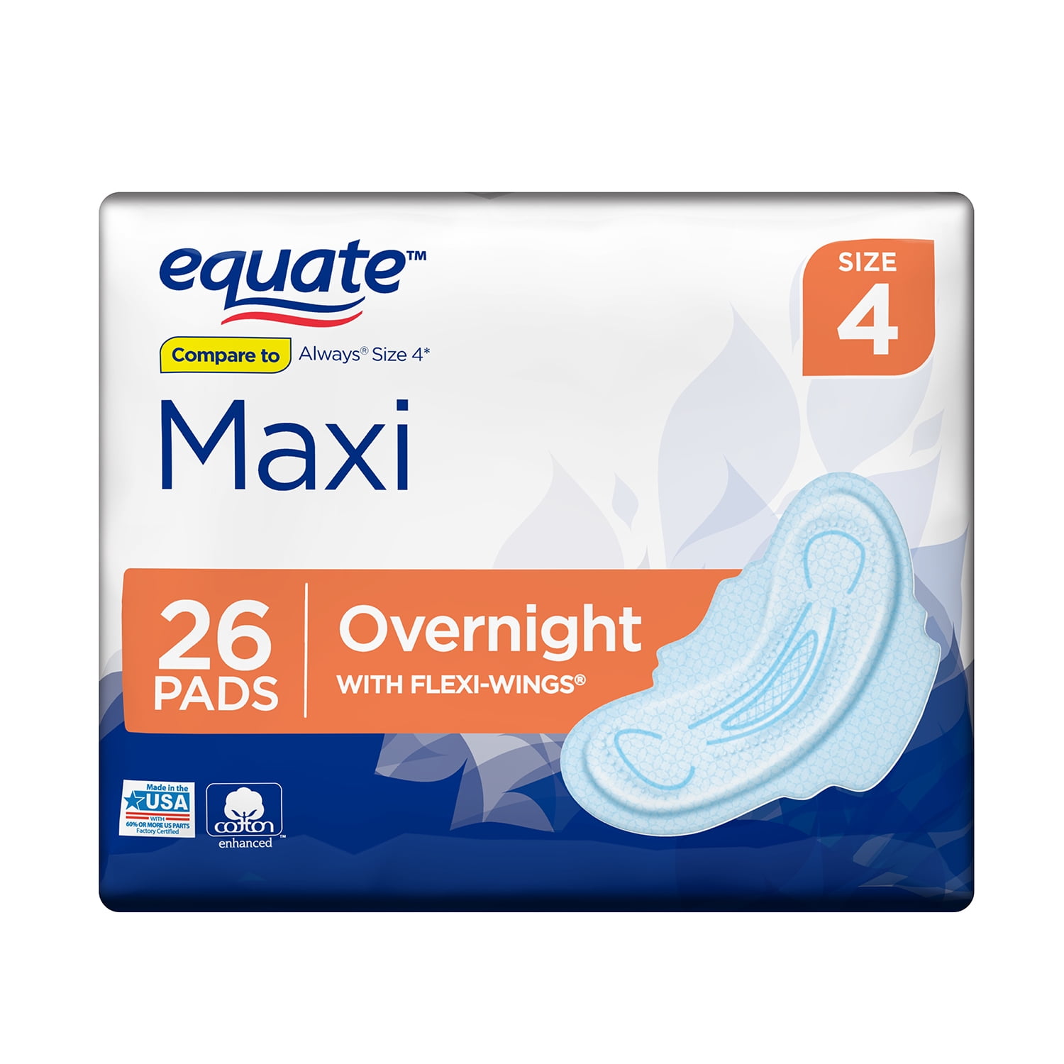 Equate Maxi Pads, Size 4, Overnight with FlexiWings, 26 Count