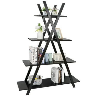 4-Tier Bookshelf A-Frame Bookcase Wooden Ladder Shelf Open Display Shelves Black