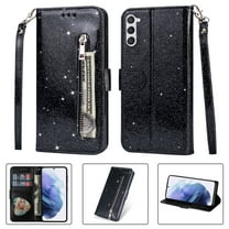 ELEHOLD Stylish Flip Wallet Case for Samsung Galaxy S24,Bling Glitter Leather Zipper Pocket Card Slots Kickstand Function Magnetic Clasp Detachable Lanyard Purse Case,Black