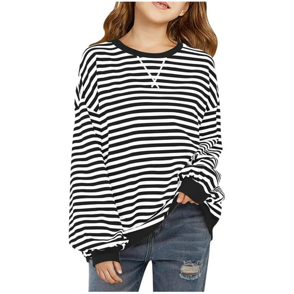 Fancifize Girls Oversize Striped Sweatshirts Trendy Long Sleeve Crewneck Pullover Tops Loose Outdoor Fall Y2k Outfits