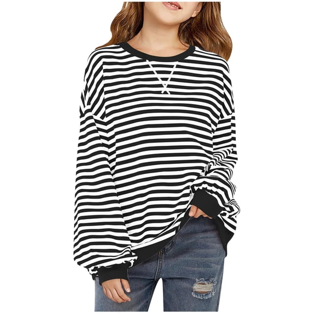 LOVZFMLL Hauts pour Petites Filles, T-Shirt à Manches Longues à Col Rond Rayé Classique Décontracté Polyvalent pour Tous les Jours, Vêtements d'Automne pour Filles de 8-9 Ans