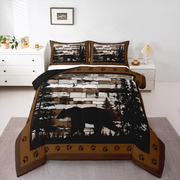 Erosebridal Wild Animal Bedding Sets King with Comforter,Bear Silhouette Paw Print Duvet Insert,Tropical Botanical Pine Comforter Sets King Size,Breathable Bedroom Decor Reversible,3 Pieces