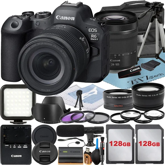 Canon EOS R6 Mark II Appareil Photo Sans Miroir avec Objectif RF 24-105mm + Lot de 2 Cartes Mémoire 128 Go + Flash LED + Étui + Accessoire ZeeTech
