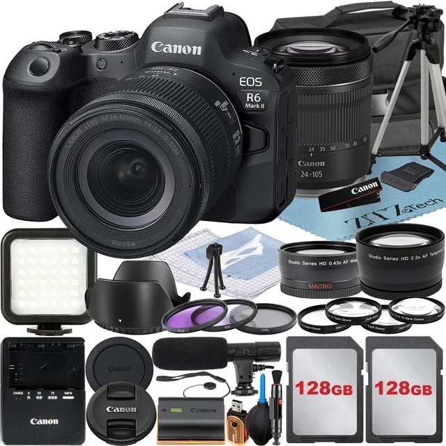 Canon EOS R6 Mark II Appareil Photo Sans Miroir avec Objectif RF 24-105mm + Lot de 2 Cartes Mémoire 128 Go + Flash LED + Étui + Accessoire ZeeTech