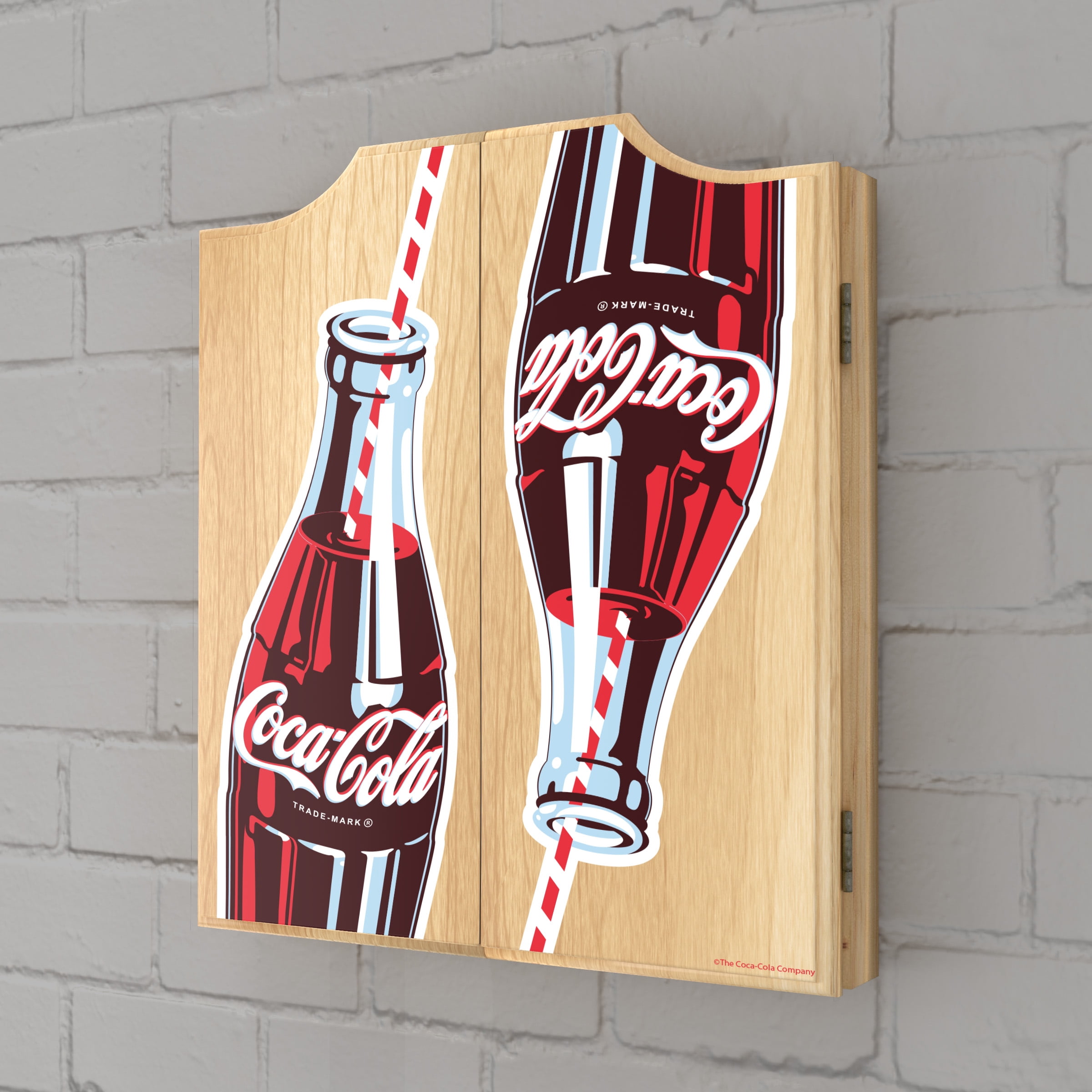 Coca-Cola Twin Bottles with Straw Bottle Art Dart Board Cabinet Set with 6 Steel Tip Darts