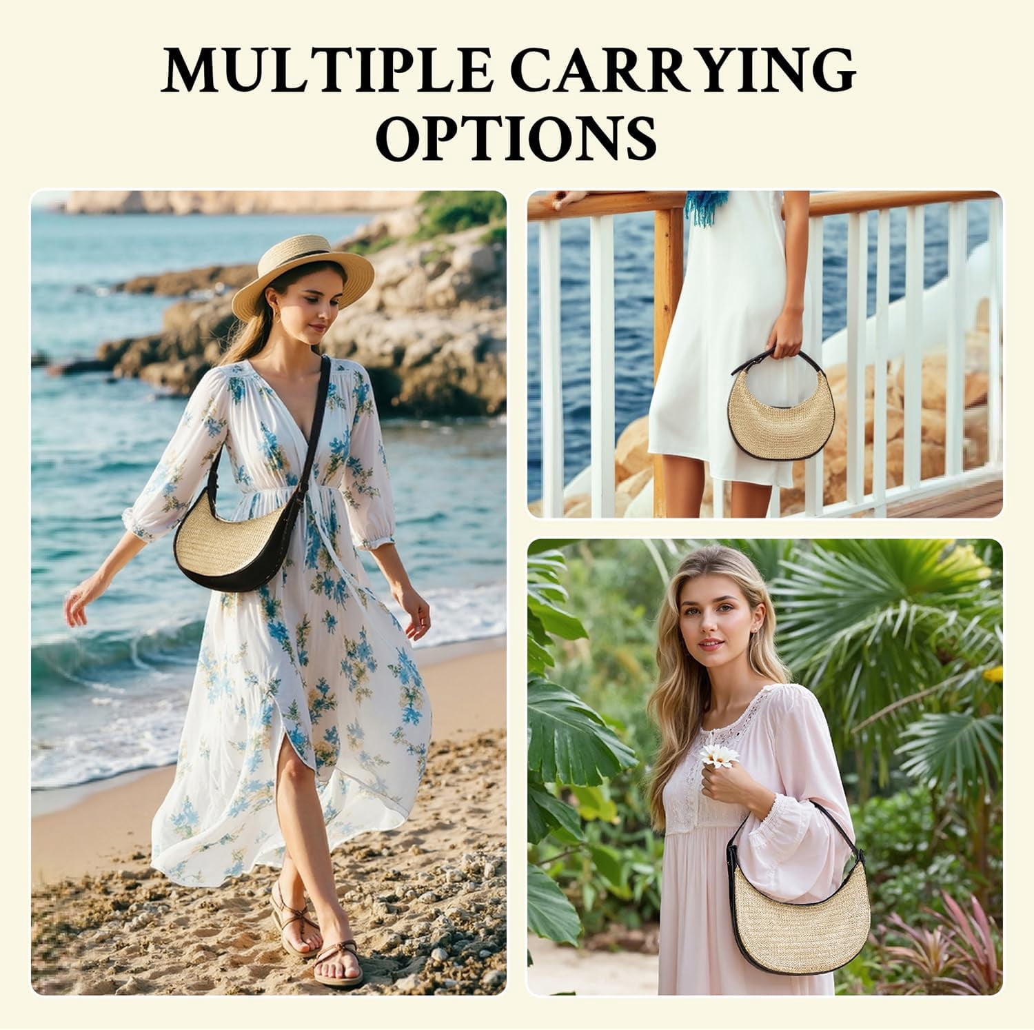 CAILDANL Straw Crossbody Bag for Women Beach Woven Hobo Handbag Summer Chic Crescent Shoulder Purses with Adjustable Strap