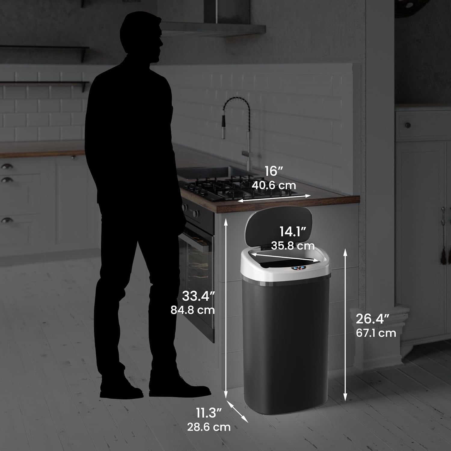13 Gallon Plastic Sensor Kitchen Trash Can with Odor Filter, Slim Space-Saving Garbage Bin