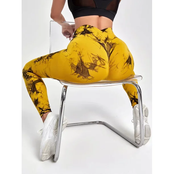 Pantalones de yoga ajustados de cintura alta con teñido anudado en color melocotón para mujer, mallas deportivas sin costuras, ropa de calle de moda para mujer