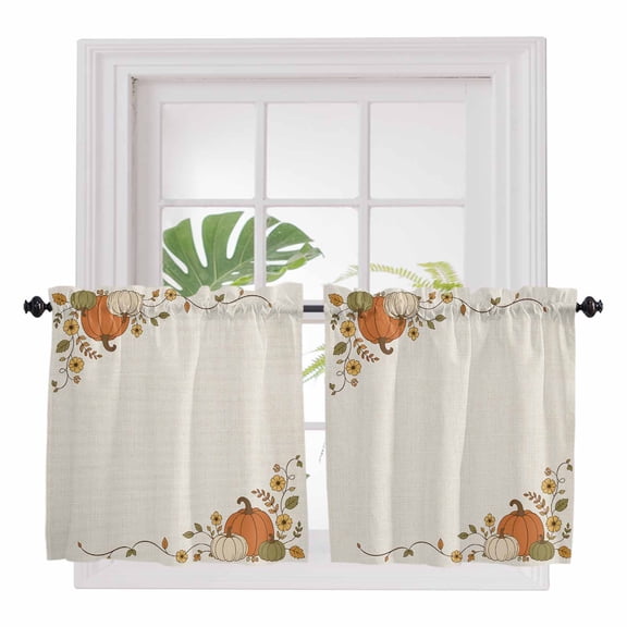 Fall Thanksgiving 2 Panel Kitchen Curtains for Small Windows, Pumpkins Florals Minimalist Beige Bathroom Tier Curtain, Short Window Treatment for Bedroom/Living Room 55"x24"
