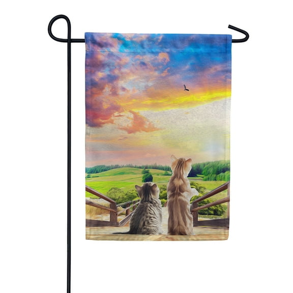 America Forever Summer Sunset Pals Tabby Cat Garden Flag 12.5 x 18 inches Cute Cats Kitten Spring Summer Sunset Landscape Double Sided Seasonal Yard Outdoor Decorative Flag