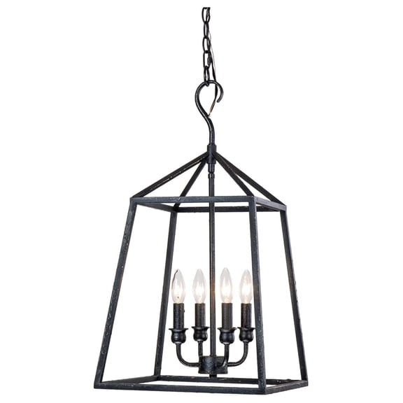4-Light Aged Black Forged Iron Lantern Pendant Light 14" Geometric Cage Farmhouse Chandelier Chain Hanging Foyer Pendant Lighting Fixture for Kitchen Island Dining Room