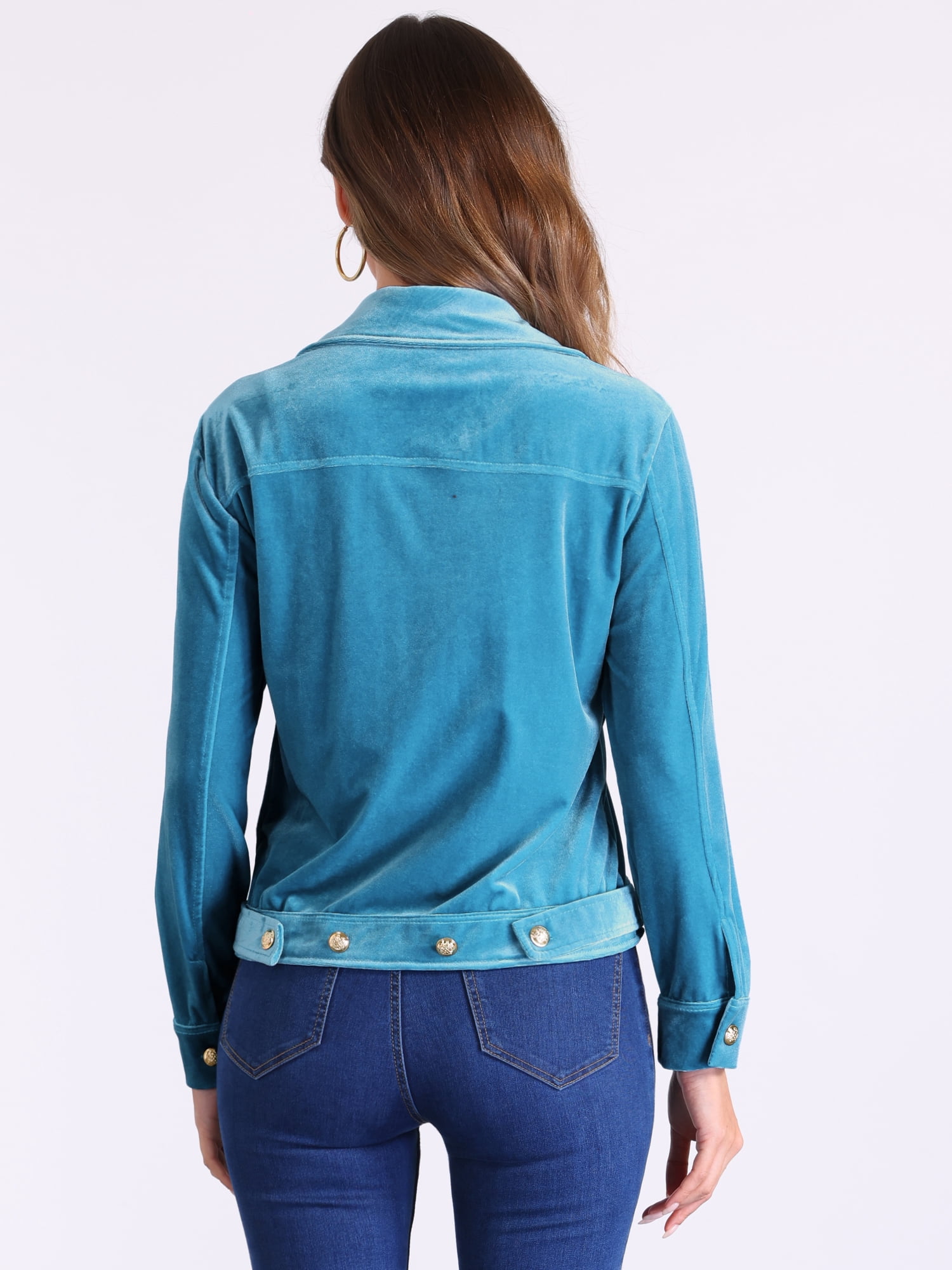DARING DIVA Stylish Velvet Button-Up Long Sleeve Jacket S Peacock Blue