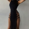 thumbnail image 3 of TIHLMK Black Dress Ladies High-Neck Solid Color Slim High-Slit Lace-Up Vest Dress, 3 of 9