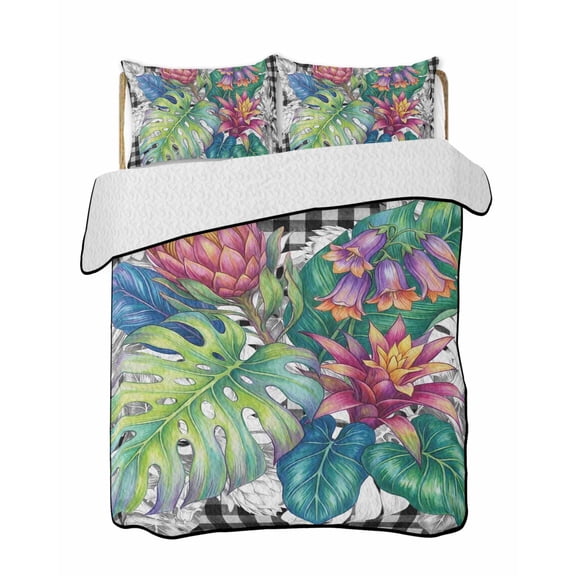 Full Size Quilt Bedding Set, Tropical Plant Reversible Summer Quilt 3 Pieces, Summer Watercolor Botanical Palm Leaf Plaid Lightweight Bedspreads Coverlets with 2 Pillow Shams for All Seasons