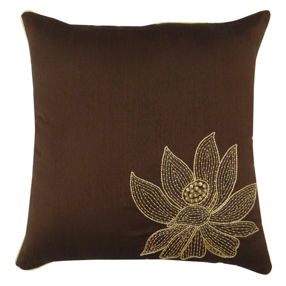 S4Sassy Decor Handmade Brown Pillows Cover Hand Beaded Lotus Floral Pattern Pillows Cover Square Throw 12 x 12