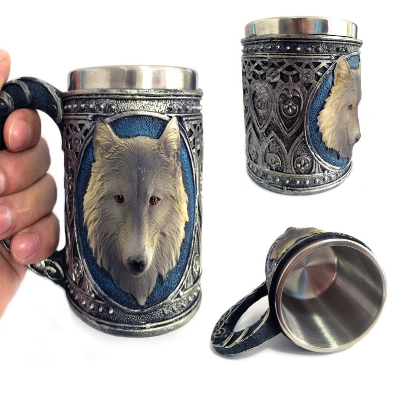 NEW Wolf Head Stainless Steel Resin Beer Juice Milk Water Cup Coffee Mug 