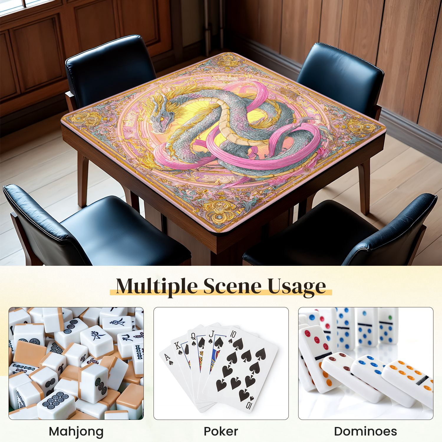 Chinoiserie Mahjong Mat 31.5" x 31.5" Symmetrical Dragon Artwork Gold Filigree Flowing Ribbons Non-Slip Noise Reduction Mahjong Tiles Table Cover for Dominoes Poker Card Board and Tile Games