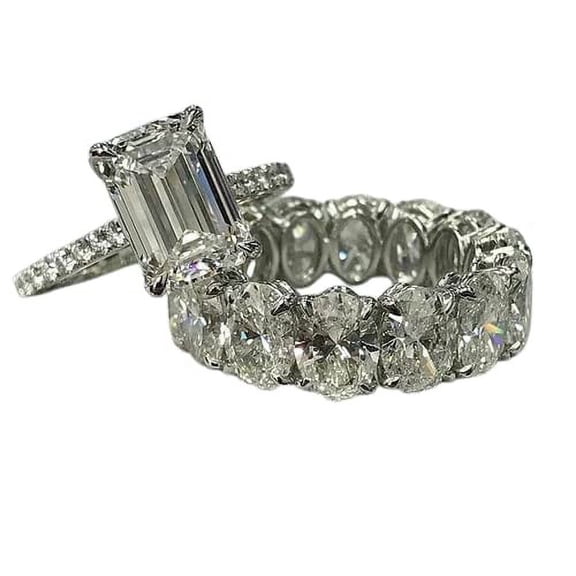 HeartsAndYou 8ct Moissanite Bridal Set Emerald Cut Solitaire Ring Oval Band 18k White Gold Over Silver Stylish
