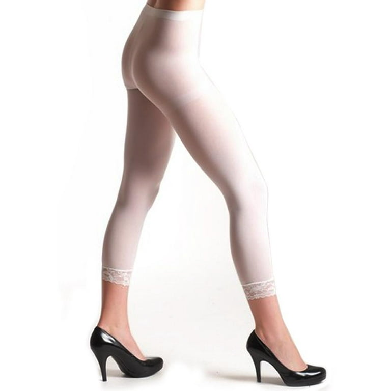 3PC Women Footless Capri Tights Lace Trim Soft Ladies White Opaque Slim One  Size