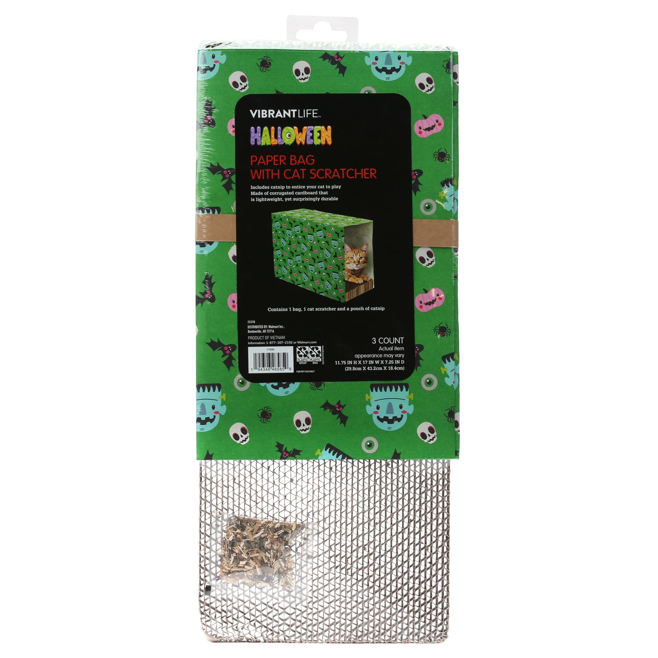 Vibrant Life Halloween Cat Scratching Pad, Frankenstein Paper Bag, Corrugate Base, Natural Catnip, Green