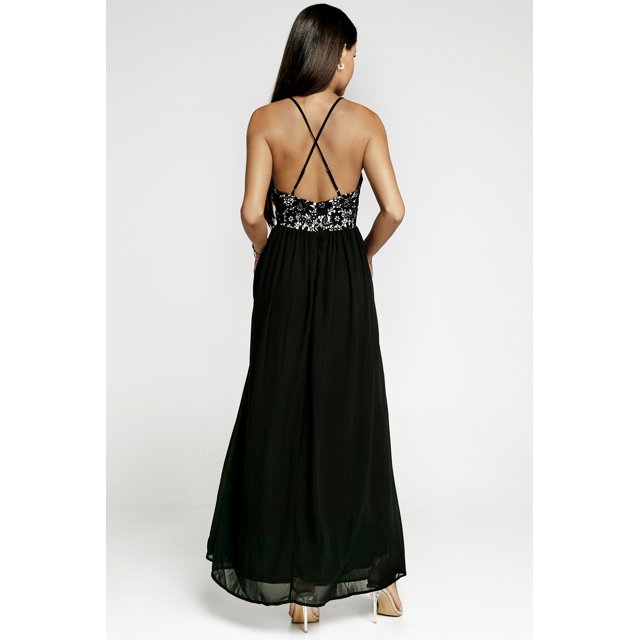ABPHQTO Vestido largo de gasa de encaje sin espalda entrecruzado negro para mujer